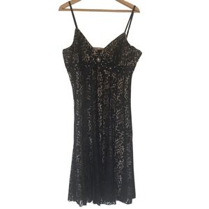 Y2K Vintage Beaded Black Lace Overlay‎ Babydoll Evening Dress Plus Size 16